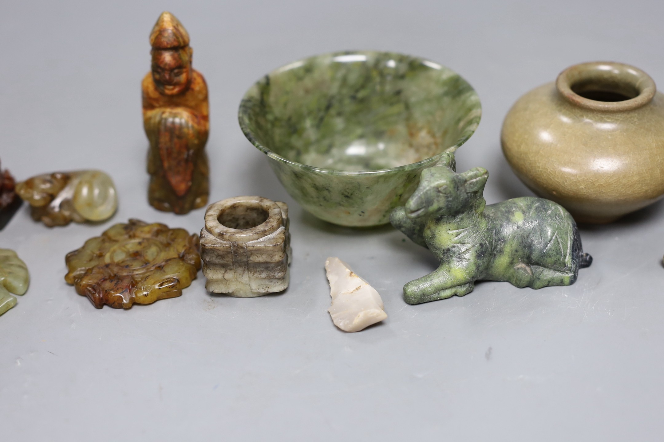 A small Chinese grey and black jade cong, 3.2 cm wide and other various Chinese hardstone and soap stone carvings, bowl 9.5cms diameter